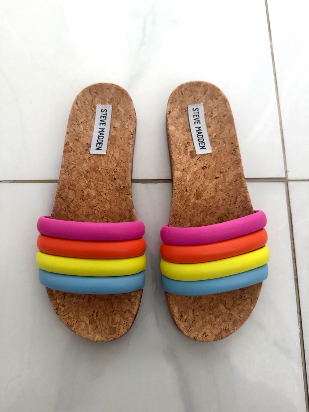 Steve Madden Drips Multicolor Cork Slide Sandals - Pink, Orange, Yellow, Blue